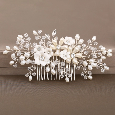 Pettine per Capelli da Sposa Fatto a Mano Con Fiori Bianchi Perle Artificiali Strass Lega Copricapo Matrimonio Gioielli Donna