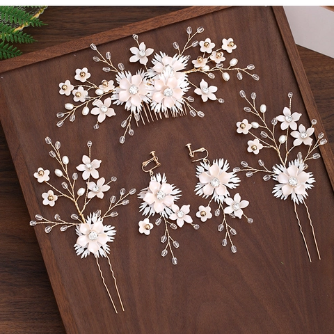 Bridal Hair Comb U-Pins Ear Clips Floral Alloy Resin Artificial Pearl Rhinestone Woven Wedding Hair Accessory