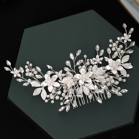 Peine de Pelo de Novia de Lujo en Plata Con Perlas Artificiales Blancas y Strass Transparentes Tocado de Boda Hecho a Mano de Flores y Hojas