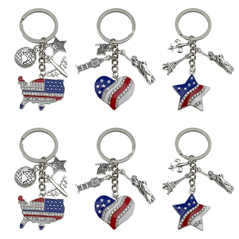Llavero Día de la Independencia EE. UU. Bandera Americana Estrella Corazón Mapa Metal Esmalte Strass Souvenir