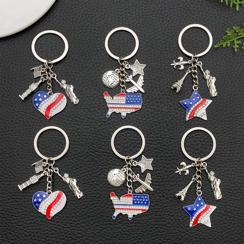 Llavero Día de la Independencia EE. UU. Bandera Americana Estrella Corazón Mapa Metal Esmalte Strass Souvenir