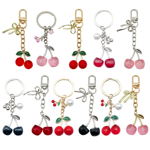 Kreative Zinklegierung Harz Kirschfrucht Schlüsselanhänger Mit Schleife Schmetterling Anhänger Süße Tasche Charme Damen Geschenk