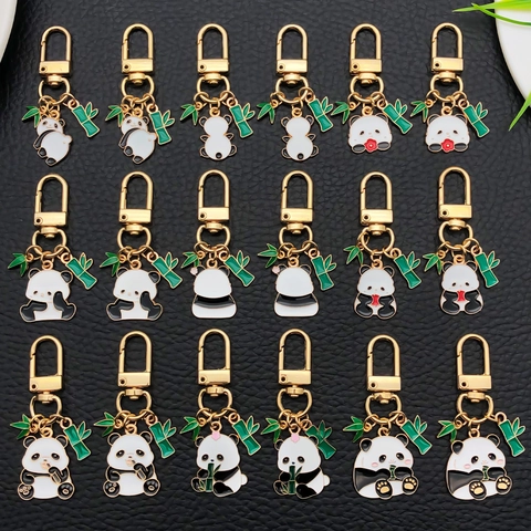 Cute Cartoon Panda Zinc Alloy Keychain Enamel Bamboo Leaf Pendant For Backpack Car Keys Decoration Charm Gift For Women Kids