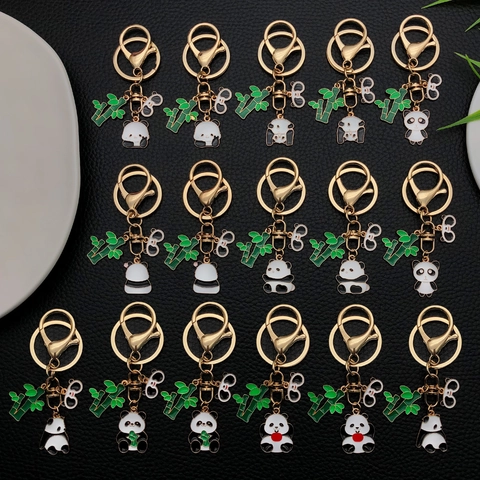 Cartoon Giant Panda Bamboo Keychain Gold Zinc Alloy Enamel Bag Charm Chinese Style Cute Animal Keyring Pendant Gift For Unisex