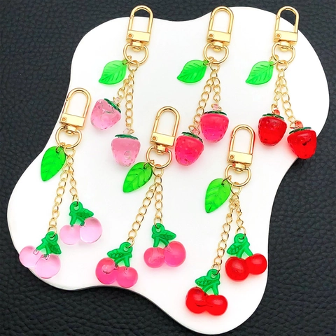Creative Resin Fruit Keychain Cute Strawberry Cherry Apple Grape Orange Bag Pendant Gold Alloy Keyring Accessory For Women Girls