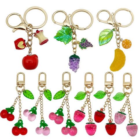 Creative Resin Fruit Keychain Cute Strawberry Cherry Apple Grape Orange Bag Pendant Gold Alloy Keyring Accessory For Women Girls