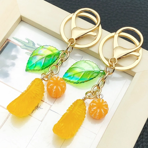 Simulation Orange Harz Frucht Schlüsselanhänger Süßes Blatt Tasche Auto Schlüssel Anhänger Gold Legierung Ring Geschenk Damen