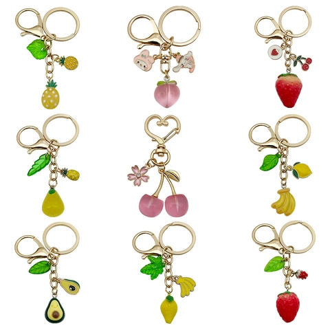 Porte-clés Créatif 3D Simulation Fruits Résine Alliage Plaque Or Fraise Banane Pêche Pendentif Sac Charme Décoration Cadeau Femme