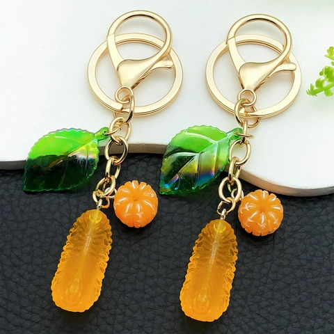 Simulation Orange Harz Frucht Schlüsselanhänger Süßes Blatt Tasche Auto Schlüssel Anhänger Gold Legierung Ring Geschenk Damen