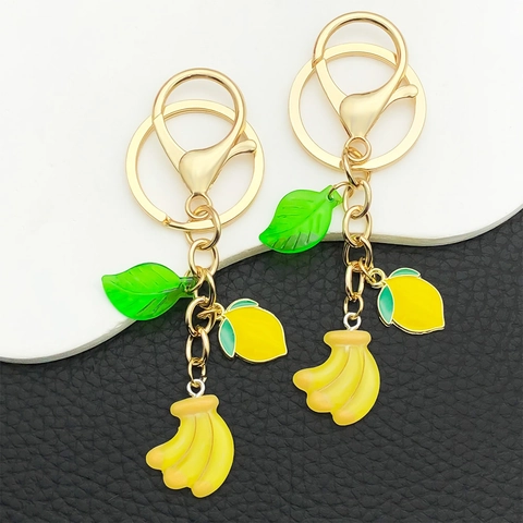 3D Simulation Obst Harz Schlüsselanhänger Kreativ Banane Zitrone Ananas Avocado Anhänger Gold Legierung Schlüsselring Rucksack