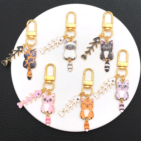 Simpatico Portachiavi a Forma di Gatto e Lisca di Pesce in Lega di Zinco Smaltato Ciondolo per Borsa Donna Uomo Accessori per Portachiavi Auto Regalo