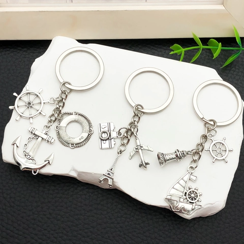 Antik Silber Nautik Reise Schlüsselanhänger Anker Steuerrad Kamera Eiffelturm Leuchtturm Segelboot Schlüsselanhänger Souvenir Geschenk