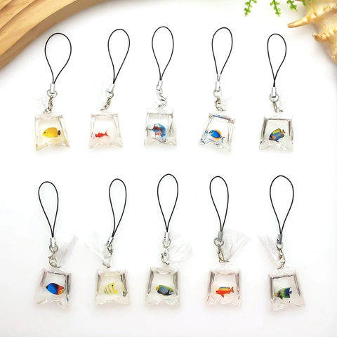 Simulation Resin Fish Bag Keychain Phone Charm Creative Simulation Water Bag Tropical Goldfish Pendant For Bag Car Key Decor