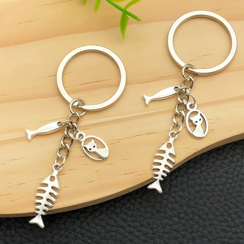 Vintage Zinklegering Kat Visgraat Sleutelhanger Antiek Zilver Schattige Kitty Tas Hanger Charm Sleutelring Cadeau