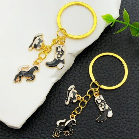 Set di Portachiavi Oro Stile Cowboy Western Vintage Ciondoli Smaltati Cappello Cowboy Stivale Cavallo Regalo Personale Uomo Donna