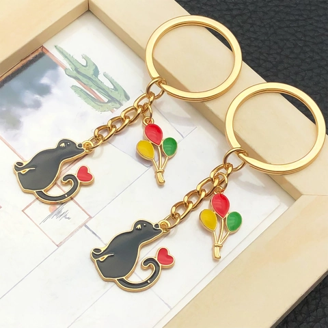 Schattige Cartoon Zwarte Kat Met Rood Hart Ballon Sleutelhanger Goud Zinklegering Emaille Tas Hanger Auto Sleutelring Sieraden Cadeau