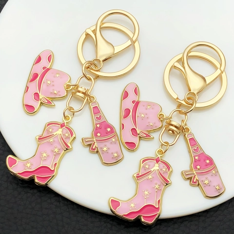 Porte-clés Thème Cowboy de l'Ouest Rose Brun Alliage de Zinc Émail Chapeau Bottes Bouteille de Vin Étoile Cœur Pendentif Femme Homme