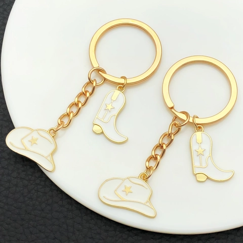 Llavero de Esmalte con Sombrero y Botas de Vaquero Chapado en Oro Aleación de Zinc Patrón de Estrella Colgante de Bolso Vintage Regalo