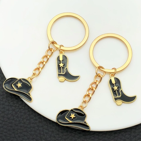 Vintage Western Cowboyhut und Stiefel Schlüsselanhänger Zinklegierung Emaille Stern Tasche Charm Retro Gold Schlüsselring Zubehör