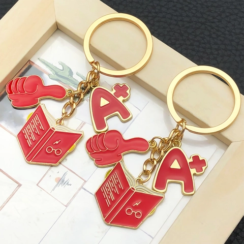 Zinc Alloy Graduation Keychain Red Drip Oil Book A Plus Thumb Degree Cap Certificate Pendant Metal Keyring Accessories