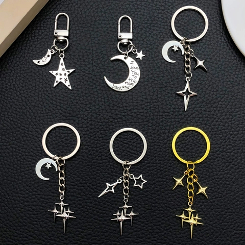 Star Moon Zinc Alloy Keychain Four Pointed Star Crescent Bag Charm I Love You to the Moon and Back Fashion Jewelry Gift