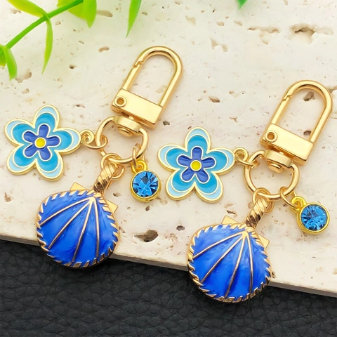 Llavero Creativo de Océano de Esmalte Concha Flor Con Diamante de Imitación Azul Colgante de Bolsa de Aleación de Zinc