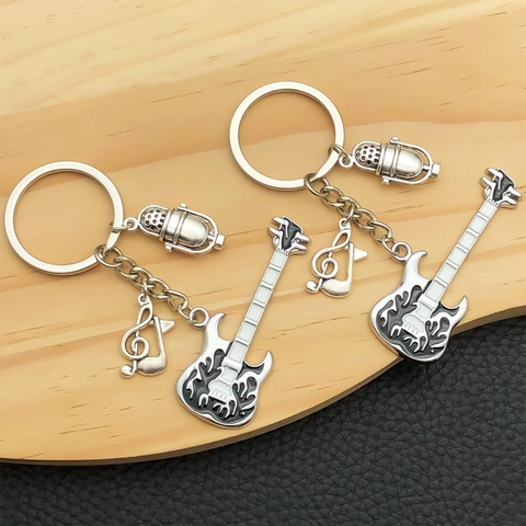 Music Theme Zinc Alloy Keychain Rock Guitar Microphone Treble Clef Pendant Ancient Silver Black Flame Keyring For Gift