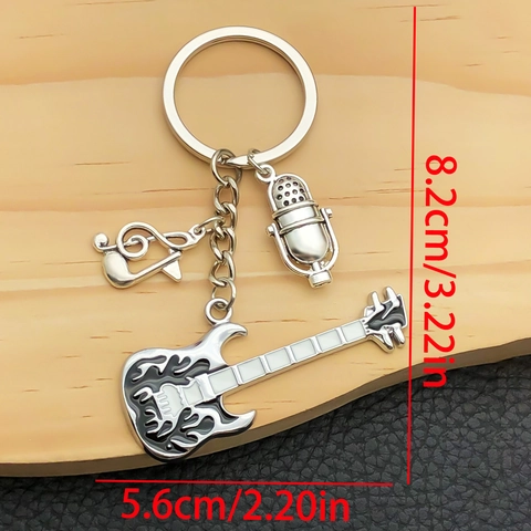 Music Theme Zinc Alloy Keychain Rock Guitar Microphone Treble Clef Pendant Ancient Silver Black Flame Keyring For Gift