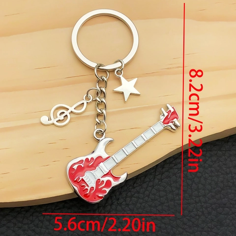 Llavero Metálico Creativo de Guitarra Eléctrica de Rock Con Dije de Estrella y Clave de Sol Aleación de Zinc Patrón de Llama Regalo para Amantes de la Música