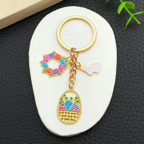 Llavero de Conejo de Pascua Huevo Esmalte Corona Cesta Colgante Metal Aleación de Zinc Dorado Adorno de Bolso Festivo