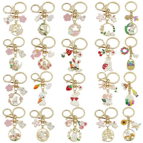 Porte-clés en Émail Lapin de Dessin Animé Alliage de Zinc Pendentif Fleur Champignon pour Cadeau de Pâques Mi-Automne Décor de Sac