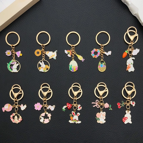 Porte-clés en Émail Lapin de Dessin Animé Alliage de Zinc Pendentif Fleur Champignon pour Cadeau de Pâques Mi-Automne Décor de Sac
