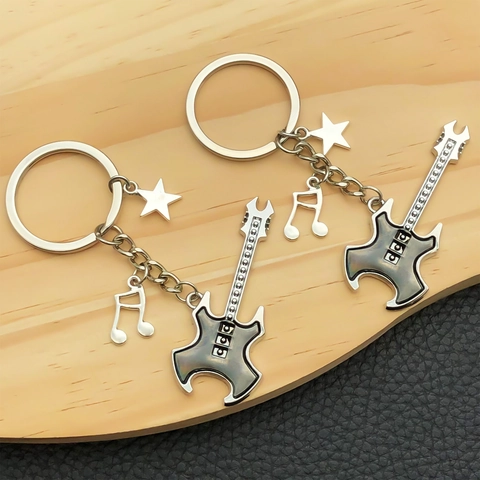 Creative Zinc Alloy Electric Guitar Keychain With Star Musical Note Pendant Rock Music Metal Key Ring Gift For Men Women