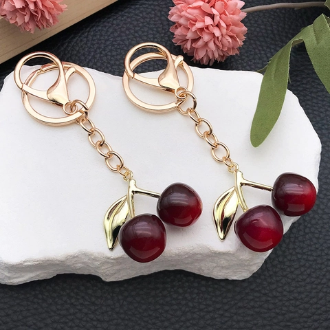 Llavero Creativo Lindo de Resina Forma Cereza Fruta Color Degradado Adorno de Bolso Anillo de Aleación de Zinc Regalo para Mujeres Niñas
