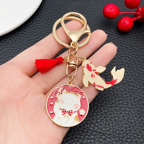 Schlüsselanhänger Im Chinesischen Stil Maneki Neko Gold Glückskatze Emaille Koi Karpfen Quaste Schlüsselring Für Tasche Auto Schmuck Geschenk