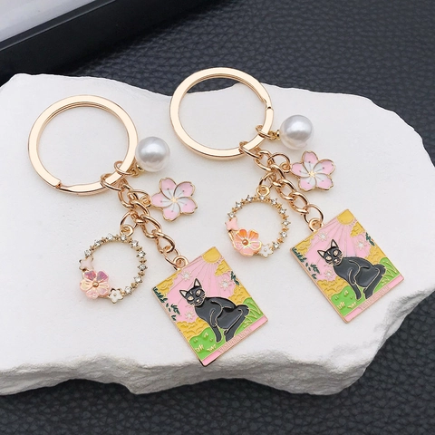 Portachiavi in Lega di Zinco Gatto Tarocchi Fumetto Rosa Carino Fiore di Ciliegio Temperance Wheel Of Fortune Lovers Ciondolo Gioielli Regalo