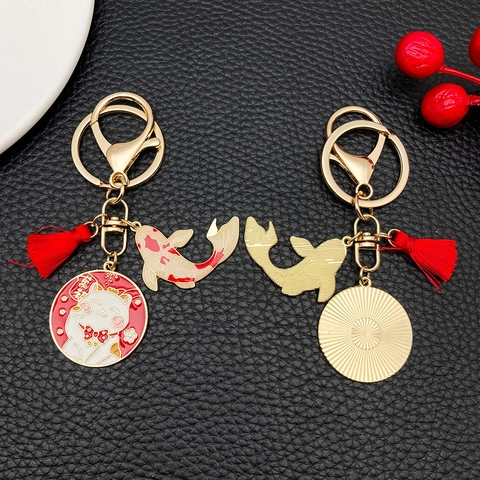 Schlüsselanhänger Im Chinesischen Stil Maneki Neko Gold Glückskatze Emaille Koi Karpfen Quaste Schlüsselring Für Tasche Auto Schmuck Geschenk