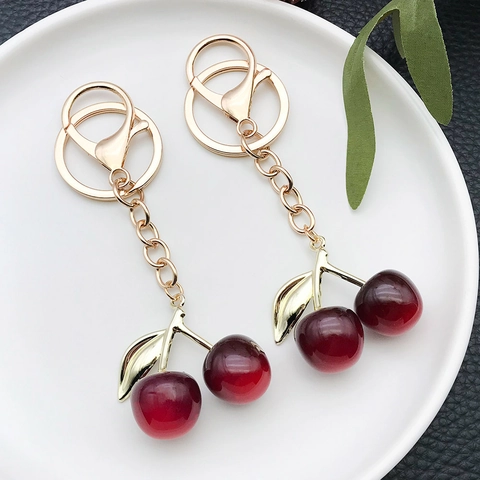 Llavero Creativo Lindo de Resina Forma Cereza Fruta Color Degradado Adorno de Bolso Anillo de Aleación de Zinc Regalo para Mujeres Niñas
