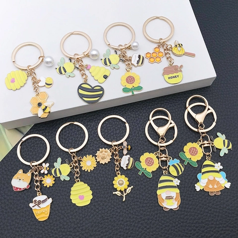 Pastoral Bee Sunflower Gnome Keychain Zinc Alloy Enamel Honey Jar Artificial Pearl Bag Pendant Car Key Ring Jewelry Gift