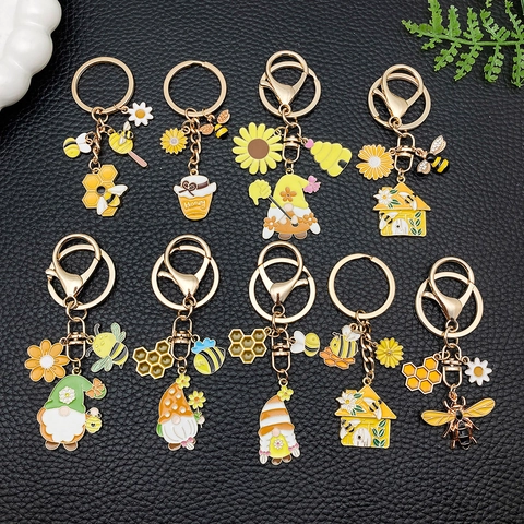 Pastoral Bee Sunflower Gnome Keychain Zinc Alloy Enamel Honey Jar Artificial Pearl Bag Pendant Car Key Ring Jewelry Gift
