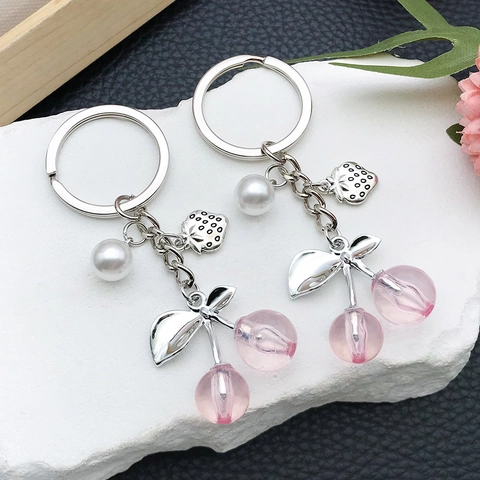 Portachiavi di Frutta a Simulazione Ciondolo di Ciliegia Fragola Perla Artificial in Resina Lega di Zinco per Donna Accessori Borsa