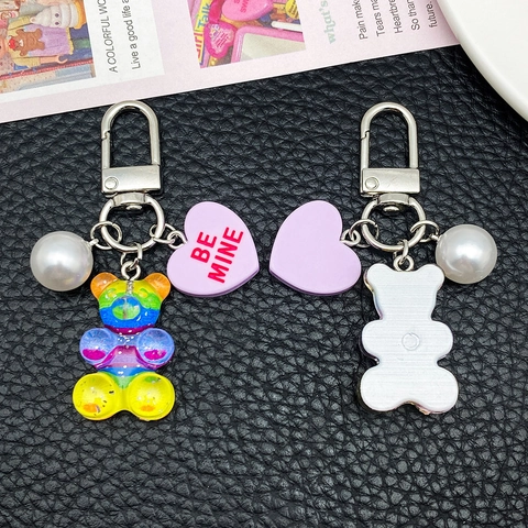 Portachiavi Orso in Resina Iridescente Arcobaleno Con Finta Perla Artificial E Ciondolo Cuore Lettera Be Mine Cartoon Ciondolo Borsa Donna