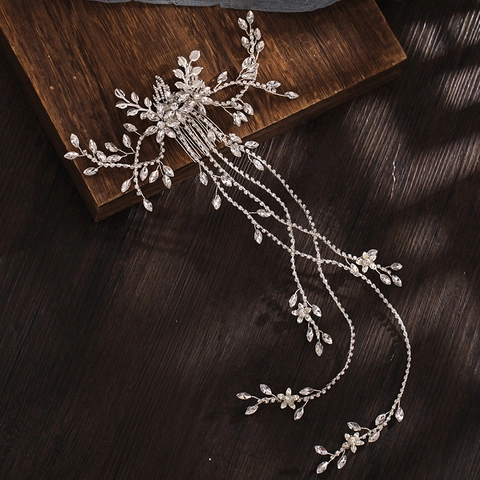 Bridal Hair Comb Rhinestone Crystal Leaf Flower Tassel Hair Accessory For Wedding Banquet Party Women Luxury Headpiece
