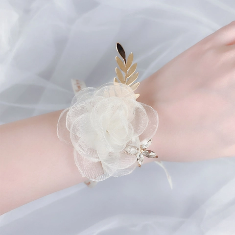 Elegante Corsage da Polso con Fiori in Tessuto Fatto a Mano Con Foglia in Lega Strass Perla Artificiale per Matrimonio Festa Donna