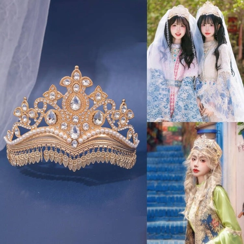 Corona Étnica de Aleación con Diamantes de Imitación y Borla para Mujer Accesorio de Lujo en Color Dorado con Perla Artificial Diadema