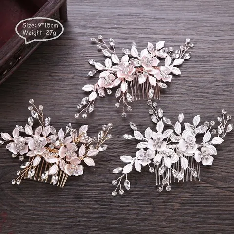 Peine para Cabello de Novia Hecho a Mano Flor Hoja Strass Perla Artificial Tocado de Boda Oro Rosa Plata Joyería