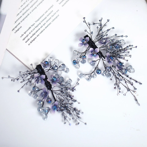 Accessori per Capelli da Sposa Stile Foresta Set Fermagli con Fiori Viola e Strass Con Orecchini per Sposa Donna Gioielli