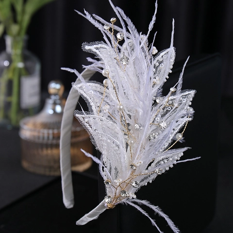 Cerchietto da Sposa con Piume Bianche e Pizzo Stile Mori Fascia per Capelli Estetica Con Perla Artificiale Strass Accessori per Capelli Matrimonio Donna