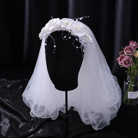 Velo per Capelli a Cerchietto con Fiori Bianchi e Perle Artificiali Stile Principessa Coreana per Ragazze Bambini Matrimonio