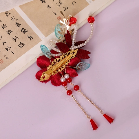 Vintage Chinesische Hanfu Haarspangen Rote Stoff Seidenblume Lange Quaste Künstliche Perle Legierung Blumenschmuck Für Damen